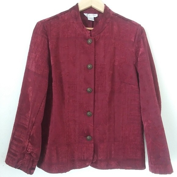 Vintage Patchwork-Look Textured Jacket, Burgundy/Maroon Red, Large - Picture 1 of 9